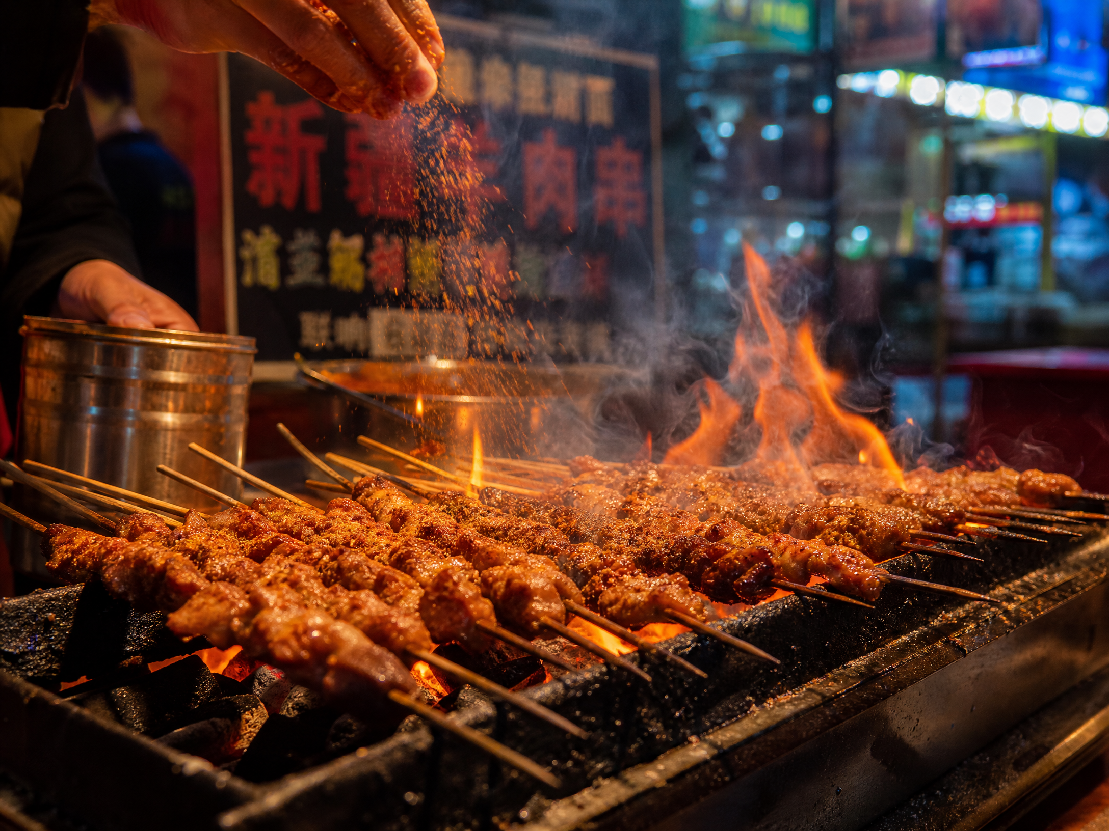 炭火烧烤店烤串滋滋冒油